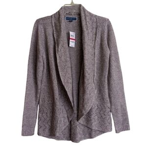 Karen Scotf Cardigan Sweater Oatmeal Tan Brown Pointelle Shawl Collar Size XS